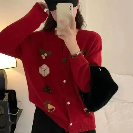 春装2024年春季女士红色毛衣开衫针织衫外套女新款爆款秋冬上衣女商品大图