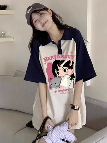 学院风polo领短袖t恤女夏美式复古小众设计感宽松插肩袖拼色上衣图片