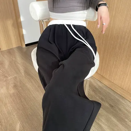 美式黑色运动裤女春秋新款宽松休闲卫裤高个子加长针织阔腿拖地裤商品大图
