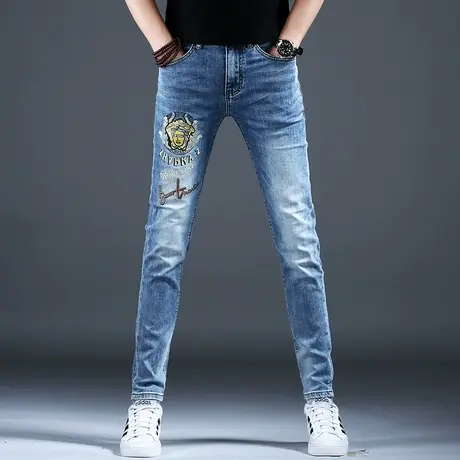 2024新款裤子男款美式高街男士牛仔裤小脚修身弹力春秋休闲裤潮流商品大图