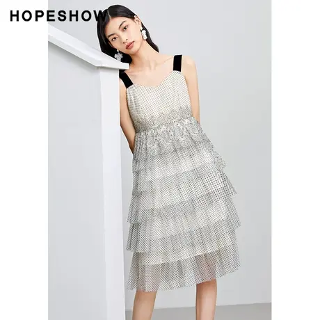 红袖outlets植绒波点蛋糕裙hopeshow2022夏季款宽吊带网纱连衣裙商品大图