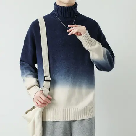 男士秋冬新款毛衣渐变色可翻高领潮牌青少年休闲针织衫加厚打底衫图片