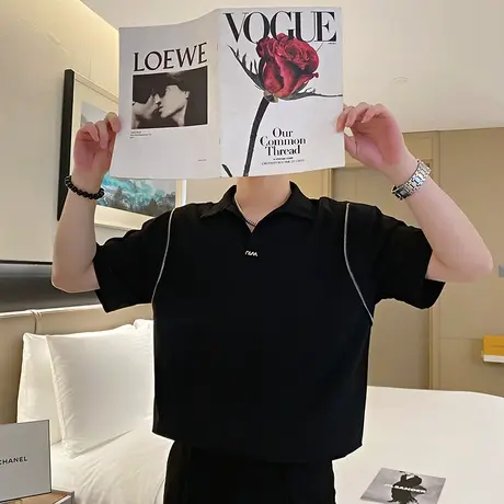 潮牌短袖POLO衫男夏季ins纯色休闲明线小V领潮男宽松半袖T恤上衣商品大图