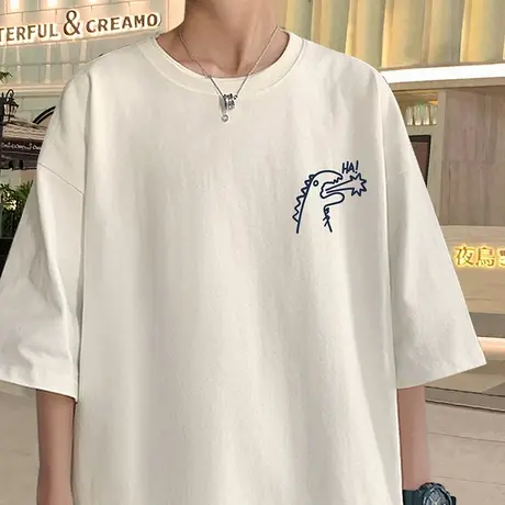 小恐龙纯棉短袖t恤男夏季2024新款oversize港风潮牌宽松男生体恤商品大图