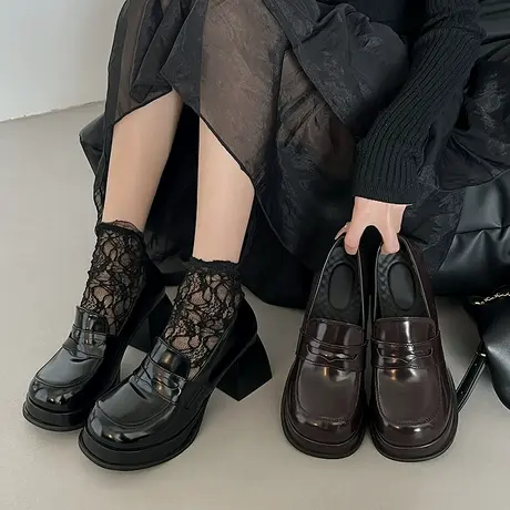 高跟鞋女2024春秋新款粗跟防水台厚底乐福小皮鞋法式工作单鞋女鞋图片