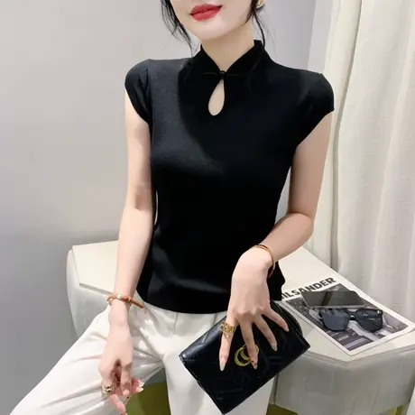 设计感半开领盘扣T恤女短袖复古国风气质减龄小衫时尚百塔上衣ins图片