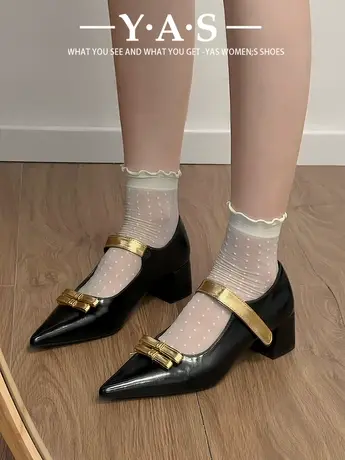 设计感小众高跟尖头单鞋女法式配裙子蝴蝶结一字带粗跟玛丽珍鞋子商品大图