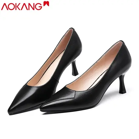 奥康女鞋2020年新款真皮尖头高跟鞋细跟浅口职业性感黑色单鞋图片
