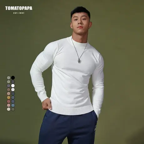 TOMATOPAPA秋季原创中领保暖衣纯色打底休闲毛衣针织衫外穿上衣男商品大图