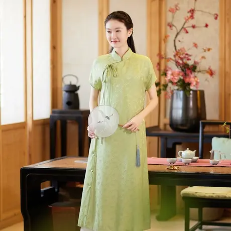 素飞改良旗袍复古民国2023年新款夏季绿色连衣裙中式禅意茶服女图片