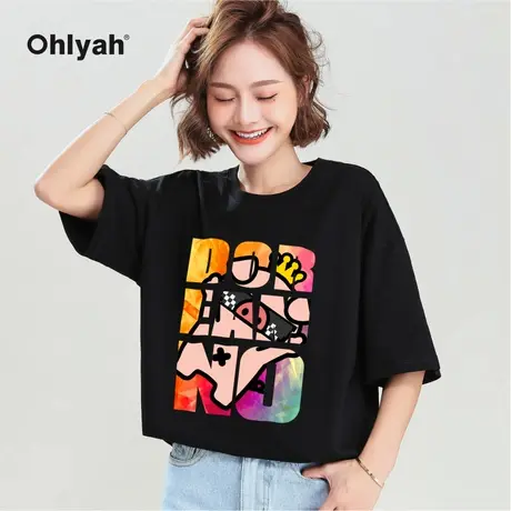 Ohlyah品牌 小猪米罗 全棉短袖 溜肩宽松潮印花t恤女学生班服定制商品大图