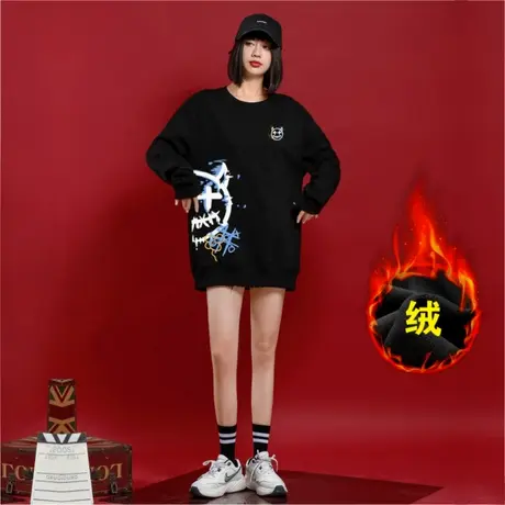 Ohlyah小恶魔右侧印花圆领加绒加厚保暖卫衣女学生休闲百搭上衣潮图片