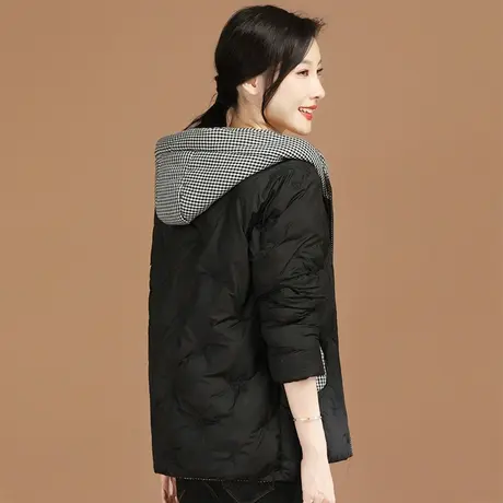 韩潮袭人格子连帽黑色棉衣棉服女2023冬季新款加厚棉袄面包服外套图片