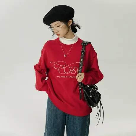 omont蛋挞家 刺绣宽松套头卫衣2023新款女圆领oversize卫衣上衣商品大图