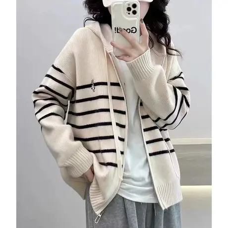 早秋拉链连帽条纹针织开衫女装2023新款爆款宽松毛衣外套女春秋款图片