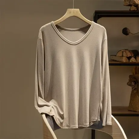 享永子长袖T恤女士纯色宽松显瘦百搭休闲上衣棉质V领2023春秋新款图片