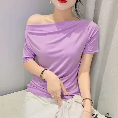 一字领短袖女夏季2023新款时尚褶皱t恤设计感心机露肩上衣小衫ins商品大图