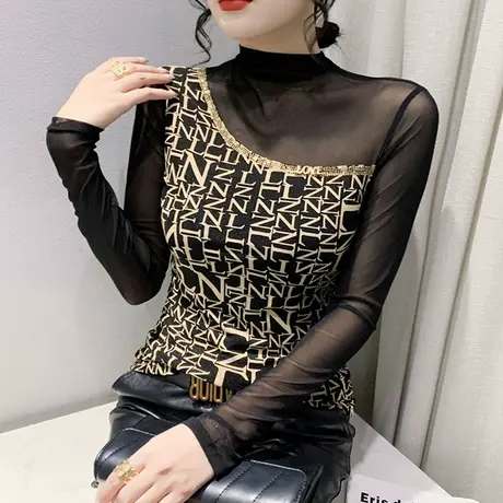 性感网纱T恤女长袖2023秋冬新款内搭半高领打底衫重工烫钻上衣ins图片