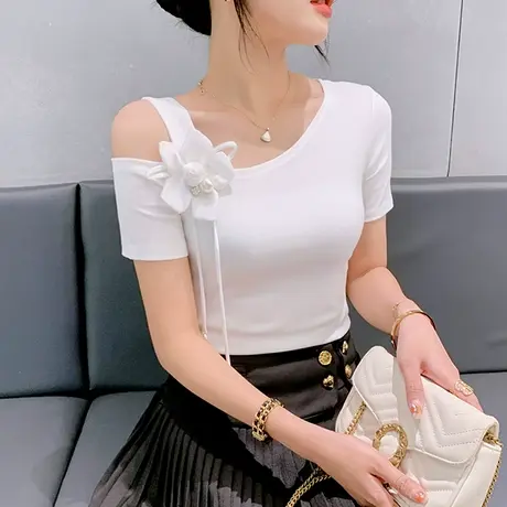 性感露肩T恤女短袖2023夏季新款洋气设计感上衣紧身百搭小衫半袖商品大图