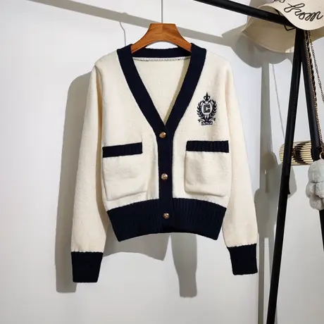 小香风v领针织开衫女春秋新款复古温柔短款时尚洋气毛衣外套上衣商品大图