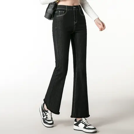 黑色高腰微喇牛仔裤女春秋2023年新款烟管裤窄版直筒裤毛边喇叭裤图片