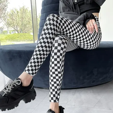 棋盘格鲨鱼皮打底裤女外穿2023年春秋新款高腰显瘦弹力瘦腿芭比裤图片