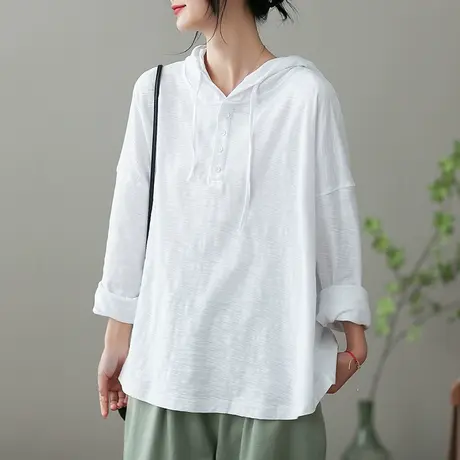 dza白色连帽长袖t恤女士春季新款内搭打底衫宽松纯棉体恤显瘦上衣商品大图