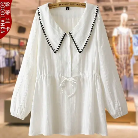 大码中年妈妈秋装纯棉长袖上衣宽松显瘦减龄中长款收腰女士白衬衫商品大图