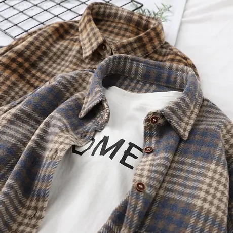 复古港味ins春秋衬衣新品加厚磨毛宽松毛呢外套女士长袖格子衬衫图片