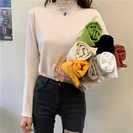 半高领德绒打底衫女春秋冬季洋气内搭加绒一体绒长袖木耳边上衣潮商品大图