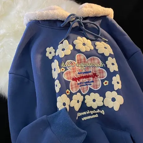 羊羔毛卫衣女2021新款秋冬宽松韩版设计感小众加绒加厚外套潮ins图片