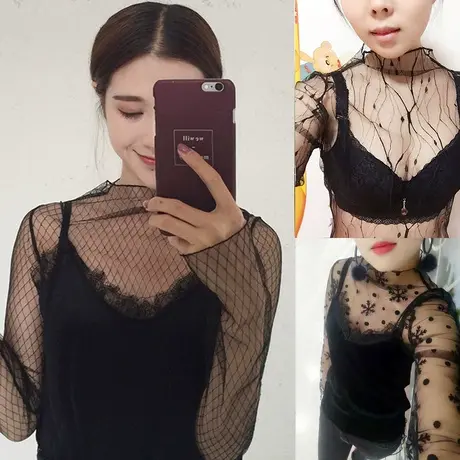 透明打底衫薄纱鱼网衫性感镂空黑纱蕾丝秋长袖内搭女透视网纱上衣图片