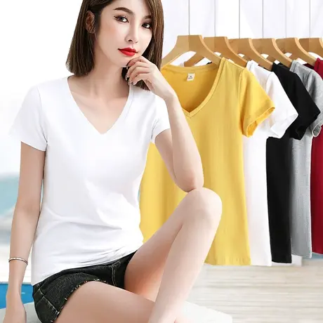 纯棉透气v领短袖t恤女夏季修身显瘦白色纯色百搭常规大码半袖上衣商品大图