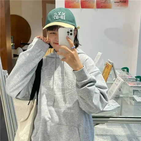 红续韩版复古连帽卫衣女秋冬oversize小个子新款2023宽松外套上衣商品大图