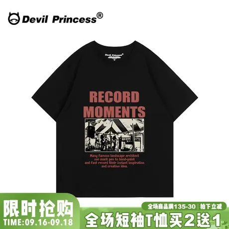 摇滚风街头潮牌黑色短袖t恤女oversize宽松大版无性别穿搭上衣夏图片