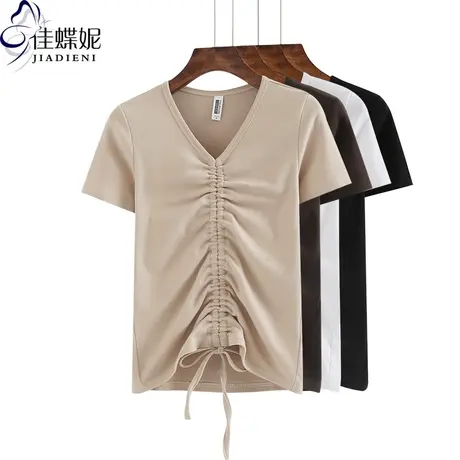 夏新款抽绳设计短袖体恤打底衫内搭性感小心机T恤女V领纯显瘦商品大图