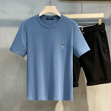 重磅丝光柔滑春夏新款抗皱男士韩版短袖T恤潮流修身刺绣打底衫男图片