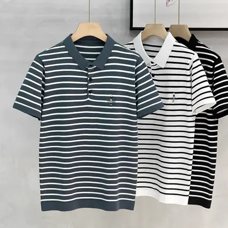复古潮流黑白条纹短袖T恤针织衫修身透气休闲上衣夏季男士polo衫图片