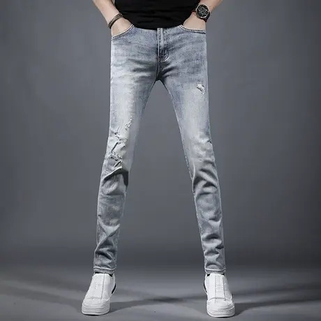2023新款潮牌牛仔裤男破洞修身小脚浅蓝色春夏季薄款高端男装裤子商品大图