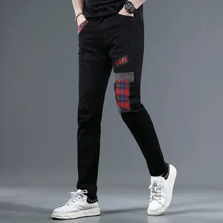 黑色牛仔裤男2023夏季新款潮牌修身小脚男士时尚潮流弹力裤子薄款商品大图