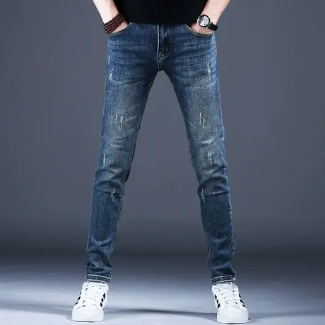 秋款做旧弹力牛仔裤男款修身小脚裤子2023新款破洞休闲男裤高端潮图片