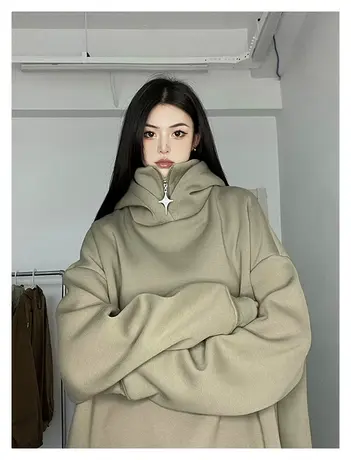 美式复古拉链高领卫衣男秋季新款设计感小众纯色潮牌重磅连帽外套商品大图