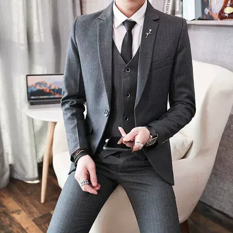 青年男士西服套装韩版套婚礼新郎伴郎礼服潮条纹休闲修身西装三件商品大图
