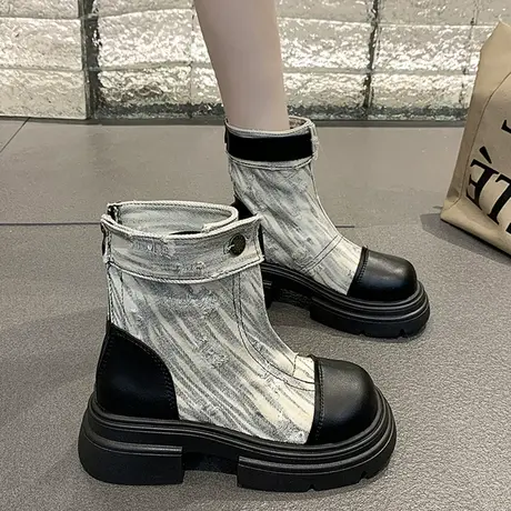 马丁靴女2023年秋季新款做旧厚底牛仔布机车透气皮带扣工装短筒靴图片