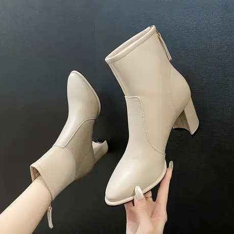 尖头短靴女粗跟2023年秋冬季新款时尚气质后拉链短筒瘦瘦靴及裸靴商品大图
