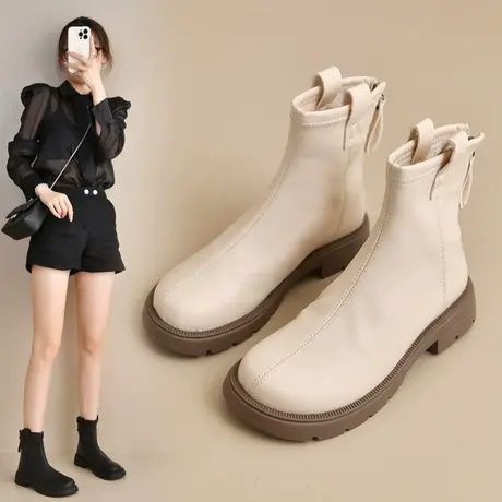 法式小踝靴白色靴子女2023新款洋气韩系高级感小短靴高跟超火短靴图片