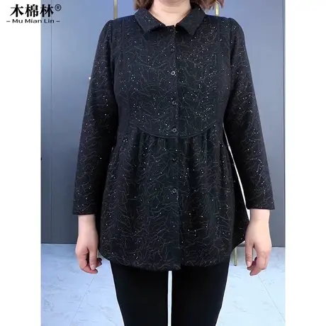 加肥加大洋气大码长袖衬衫春秋收腰显瘦中老年妈妈翻领上衣打底衫商品大图