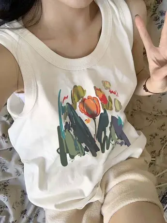 美式复古纯棉吊带运动坎肩背心无袖t恤女夏外穿宽松港风挂脖上衣图片