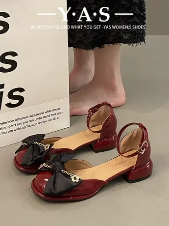 包头凉鞋女2024新款春夏季蝴蝶结粗跟一字扣带仙女风温柔法式单鞋图片