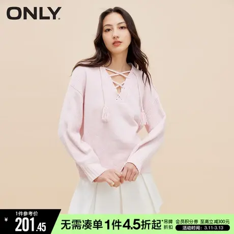 ONLY秋季设计感时尚V领落肩绑带宽松螺纹长袖针织衫女|123413067图片